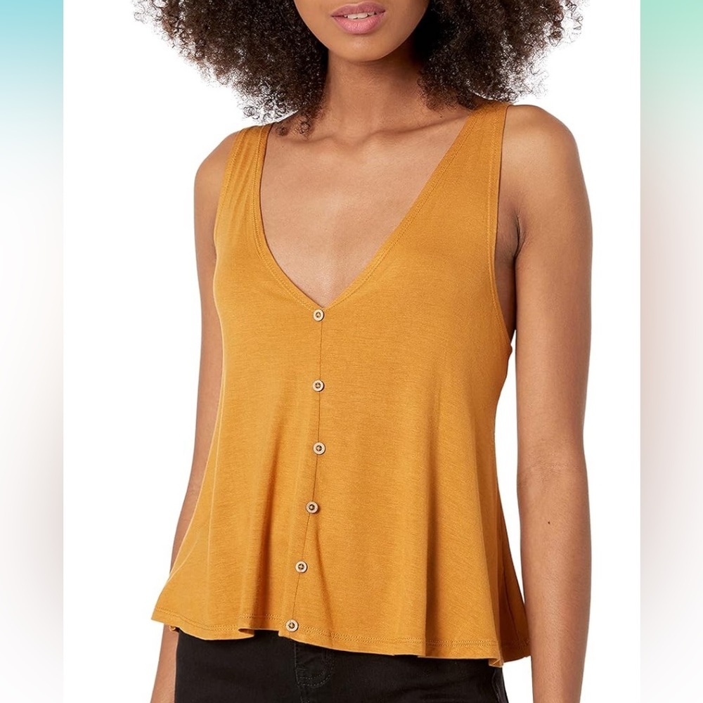Angie Tobacco Brown V-Neck Swing Tank Wood Buttons Open Back Size Medium